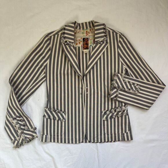 Vtg Anthropologie Burning Torch Blazer S Grey White Striped Jacket Cotton Y2K - Picture 7 of 10